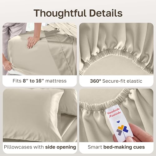 Image of California Design Den 500TC 100% Cotton Full Size Sheets Set, Beige | Good Housekeeping Seal, OEKO-TEX Certified, Silky-Soft Sateen Weave, 4pc Set, 16 inch Deep Pockets, For Hot Sleepers, All-Season