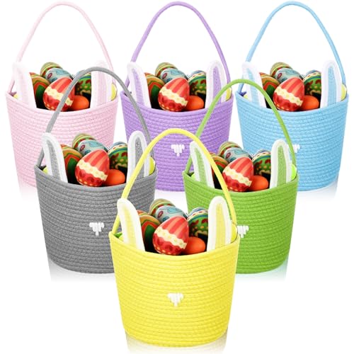 Image of Beeveer 6 Pack Easter Baskets with Handle Woven Bunny Egg Hunt Basket with Rabbit Ears Print Bags Empty Easter Treat Bag Cotton Woven Egg Box for Gifts Party Decorations Favors(Multicolor)