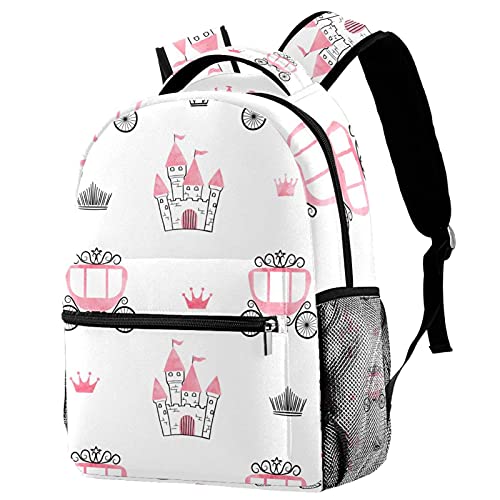 Sac à dos de voyage pour campus rose avec motif châteaux pour filles et garçons