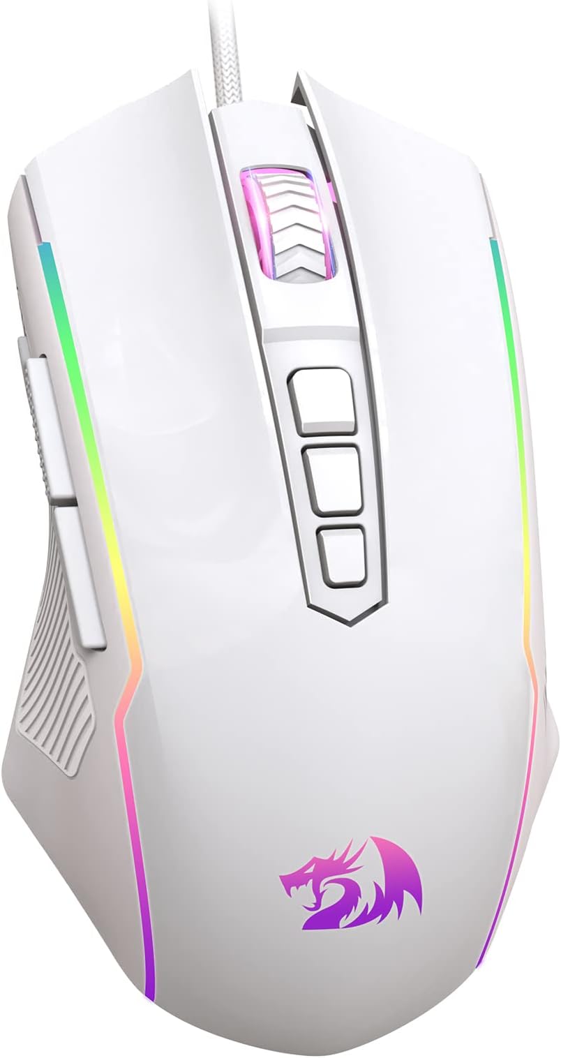 Redragon Gaming Mouse, RGB Gaming Mouse Wired with 9 Programmable Macro Buttons, Chroma RGB Backlit, 8000 DPI Adjustable, PC Gaming Mice with Fire Button for Windows/Mac, White
