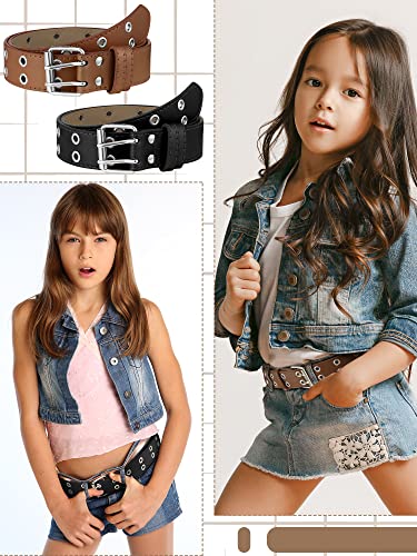 Newcotte 5 Pcs Girls Double Grommet Belts With Holes Kids Pu Leather Waist Belts Kids Belt For 6-12 Year Girl Boy Jeans Pants (Cute Colors, Suit For Waist Size 26"-30") #TOP5