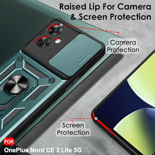 Image of TheGiftKart Tough Armor Bumper Back Cover Case for OnePlus Nord CE 3 Lite 5G | Ring Holder & Kickstand in-Built | 360 Degree Protection Back Cover Case (PC & TPU, Sliding Camera Cover, Green)