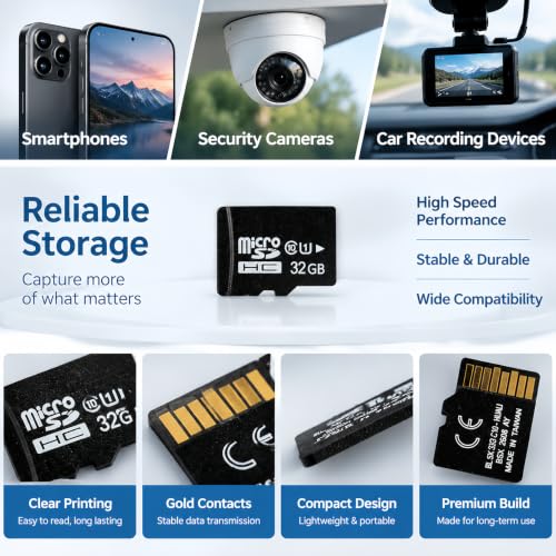 Karta pamięci MicroSD 32 GB UHS-I U1 - kompatybilna ze smartfonami, dronami, tabletami, kamerami HD/4K, kamerami Dashcams - odporna na wodę, wstrząsy, ekstremalne temperatury, promienie rentgenowskie