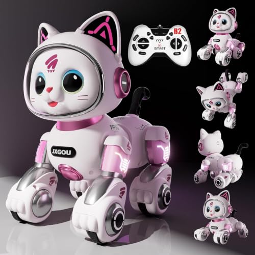 Image of RC Robot Cat Toy with LED Lights - Interactive Walking Singing Dancing Kitty | 2.4GHz RC Astronaut Cat for Kids 3+ Years | Smart Pet Robot with Music & Gesture Control (Pink /White)