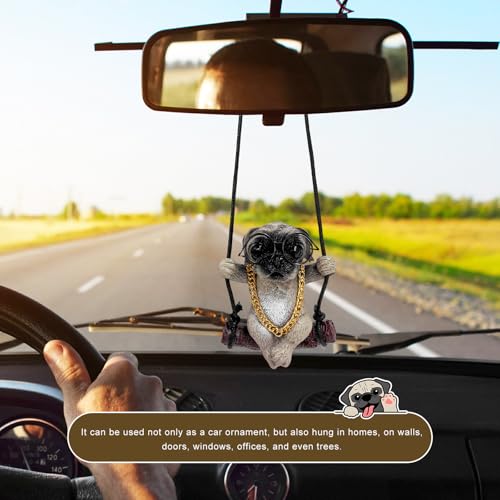 Rdxcv Swinging Pug Car Hanging Ornament, Cute Resin Pug Dog Rear View Mirror Pendant Swing Decor with Glasses, Universal Auto Funny Swinging Dog Hanging Decoration for Men Women - Thumbnail 6