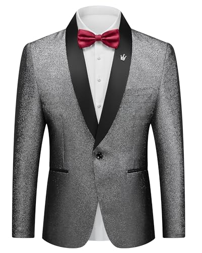 YND Men's Shiny Tuxedo Jacket, Sequin Slim Fit Blazer, One-Button Shawl Lapel Suit for Party, Prom, Wedding, Dinner