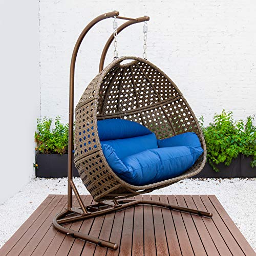 Leisuremod Outdoor Patio Beige Wicker Hanging 2 Person Double Egg Swing Chair (Blue) #TOP4