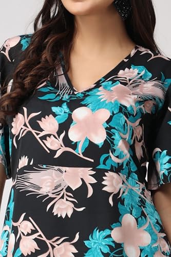 Image of POPWI1NGS Casual Printed V-Neck Short Sleeves Knee-Length Fit and Flare Dress for Women || Frokc-Style Summer Wear Dresses for Women || Loose-Fit Comfortable Women Dress for Regular Wear
