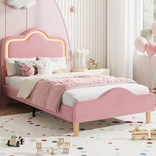 Garvee Twin Size Upholstered LED Bed Frame with Adjustable Headboard and Footboard, Velvet Princess Platform Bedframe for Kids/Girls, Wooden Slats Sup