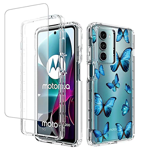 Coque Moto G200 5G avec protection écran verre trempé, housse antichoc transparente papillon bleu