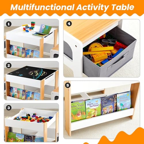 Asweets Kids Table and Chair Set,4 in 1 Toddler Desk with Storage Drawer,Wooden Activity Table for 2 in 1 Detachable Tabletop,Bookshelf,Suitable for Classroom,Home,Nursery,Playroom (Natural White)