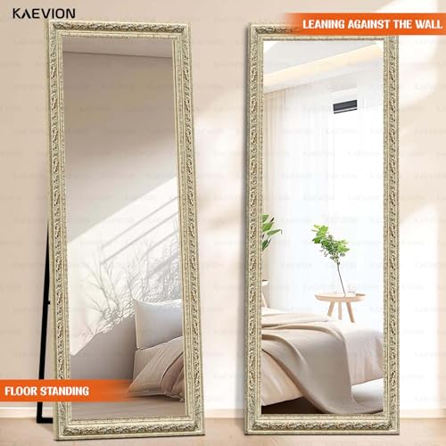 Image of 65 inchx22 inch (5.25 ft) Ornate Antique Full-Length Floor Dressing Mirror with Stand, Vintage Off-White Cheval Mirror for Bedroom, Living Room, Boutique