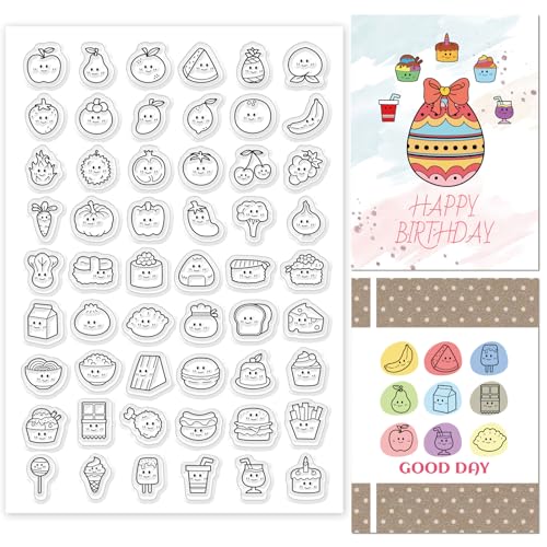 GLOBLELAND Sello transparente con símbolos de alimentos, verduras, frutas, postres, bebidas, sello de silicona, sello de comida rápida, pastelería sushi, sello transparente para tarjetas de