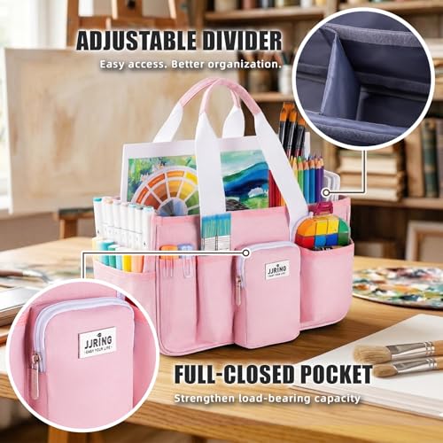 Image of JJRING Craft Organizer Tote Bag, Portable Art Caddy with Adjustable Divider&Secure Zipper Pocket, Large Foldable Storage Tote for Scrapbooking, Sewing, Artist and Home(Pink)
