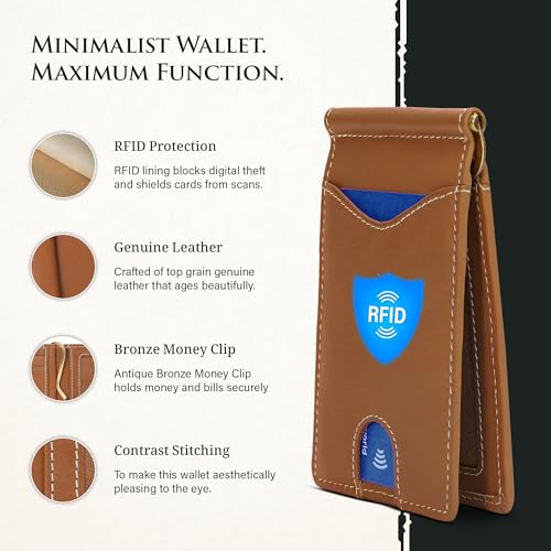 Image of ROGUE WALLET Genuine Leather Minimalist Wallets - RFID Blocking with Money Clip - Interior & Exterior Card Pockets & More - Gift for Men (Tan)