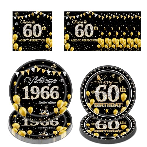 60th Birthday Party Tableware Set - 96 Pcs Black Gold Plates Napkins Paper Tableware Decoration Supplies for Men Women 60th Birthday Vintage 1966 Decorations Serve 24 Guests