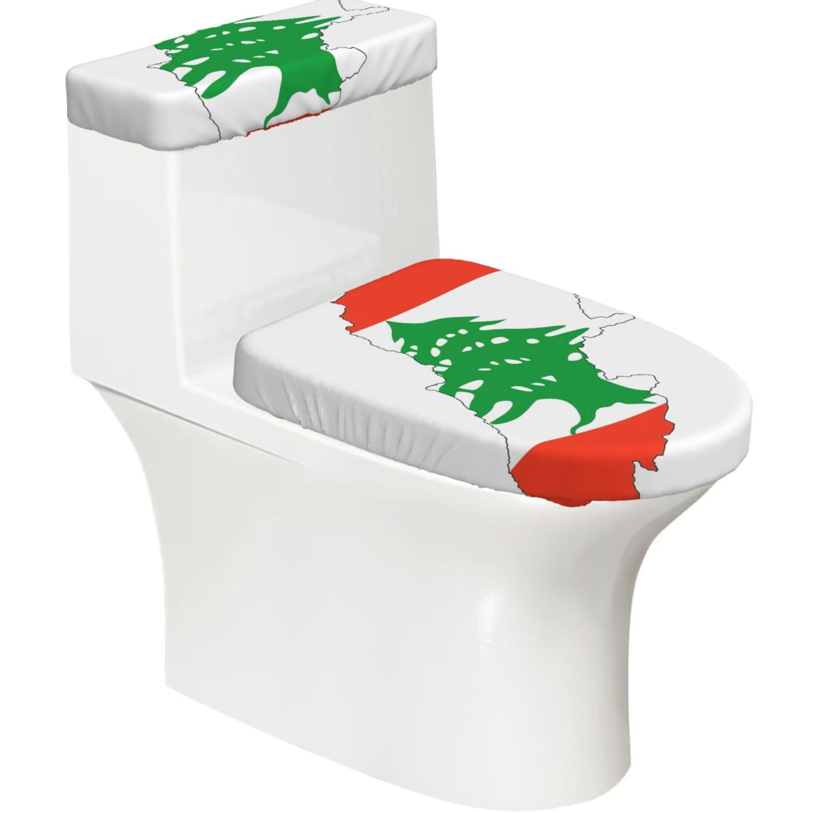 Lebanon Flag Map Printed Toilet Tank and Lid Cover Set of 2 for Most Bathrooms, Fits Elongated Round Toilets
