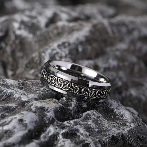 NUNCAD Personalized 925 Sterling Silver Inlay Tungsten Triquetra Celtic Knot Mens Rings 8mm Celtic Trinity Knot Wedding Band Irish Jewelry Gift Comfort Fit Size 7-122