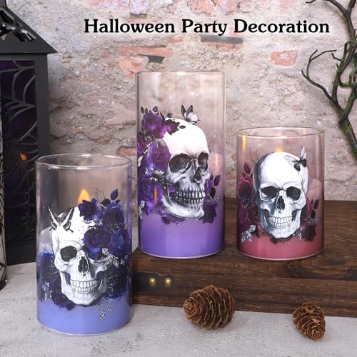 Image of Halloween Glass Flameless Candles Romantic Gothic Skull Floral Battery Operated Remote Timer Flickering LED Pillar Candle for Wedding Party Goth Bathroom Decor