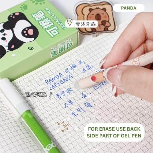 Image of UCRAVO Erasable Gel Pens Pack of 12 | Cute Panda Fine Tip Blue Ink Pens with Eraser | Smooth Writing Retractable Gel Pens for Students, School, Office, Journaling, Notes, Planner & Kids Stationery