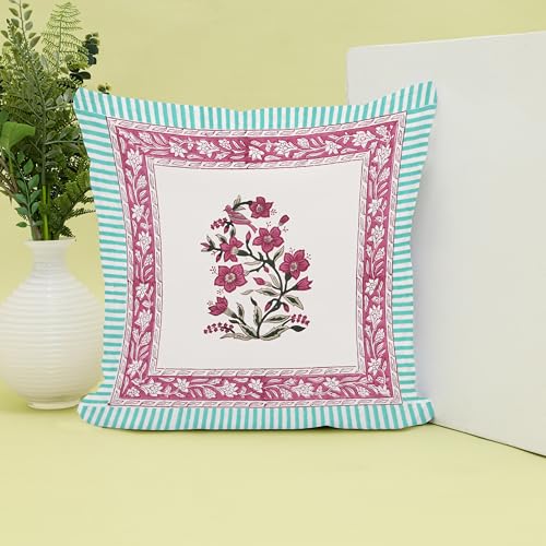 Image of BLOCKS OF INDIA Hand Block Printed Cotton Cushion Cover (16 X 16 Inches) (Cushion 5), 300 TC, Green