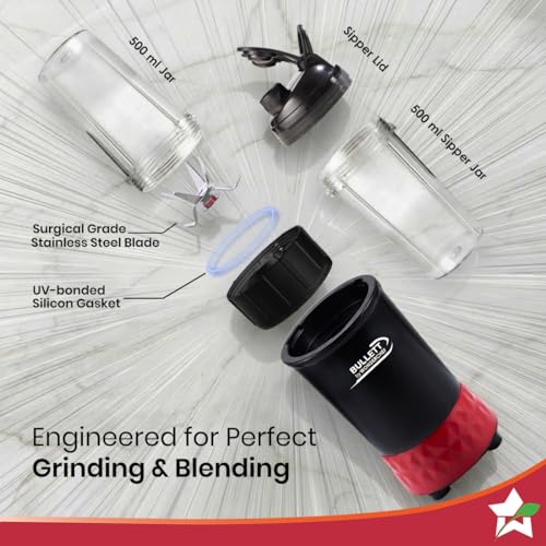 Image of Bullett by Wonderchef, 500W Mixer Grinder Blender Smoothie Maker, 22000 RPM, 2 Jars, Stainless-Steel Blade, Sipper Jar & Lid, 2-Yr Warranty, Black & Red
