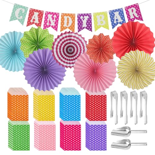 95 Piezas Candy Bar Accesorios, Incluyendo 80 Bolsas de Caramelos, 4 Clips y 2 Espátulas de Caramelos, 8 Abanicos de Papel Decorativos y 1 Banner de CANDY BAR, para Cumpleaños Fiesta de Bodas