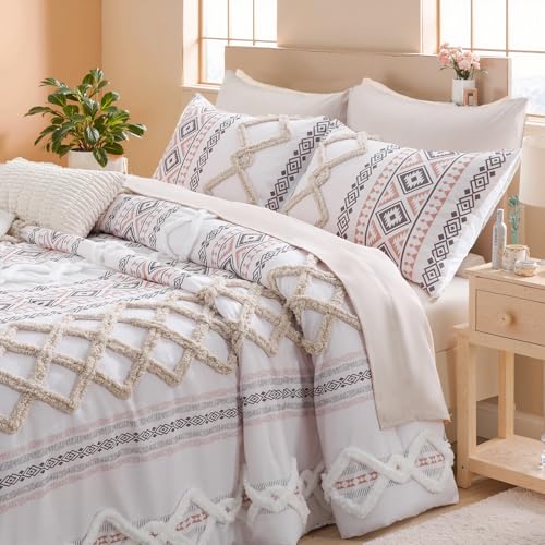 Image of MOVE OVER Beige Tufted Comforter Set Queen Size 7 Pieces Farmhouse Bedding Set Boho Aztec Comforter Set and Sheet Set Mid Century Boho Tufted Comforter Set for All Seasons