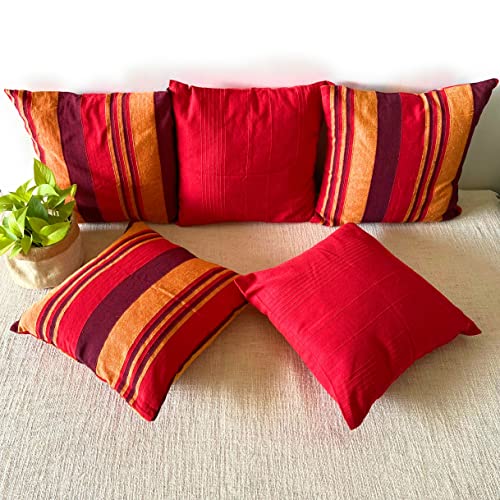Image of RANGBHAR Handloom Cotton Cushion Covers With Concealed Top Zip, Striped /Solid Cushion Covers For Living Room, 16 X 16 Inch, Red, Pack Of 5, 220 TC