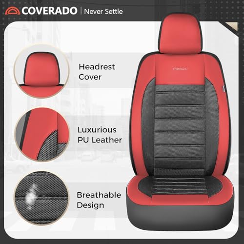 Image of Coverado Car Seat Covers Front Seats, Luxury Leather Car Seat Covers, Automotive Mesh Seat Covers 2 Pack, Airbag-Compatible, Black Red Seat Covers for SUV Sedan Truck