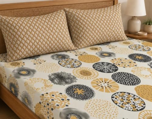 Image of NEW LEAF Premium Cotton Elastic Fitted Bedsheets with 2 King Size Pillow Covers | Double Bed with All Around Elastic 220 TC Supersoft | Size - 72 King Sizex78+10 inches | Mustard Yellow, Black