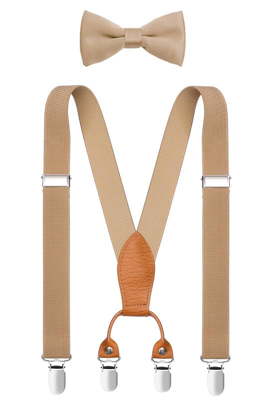 Shark Tooth Men's Boys' Suspenders and Bow Tie Set Adjustable with 4 metal Clips