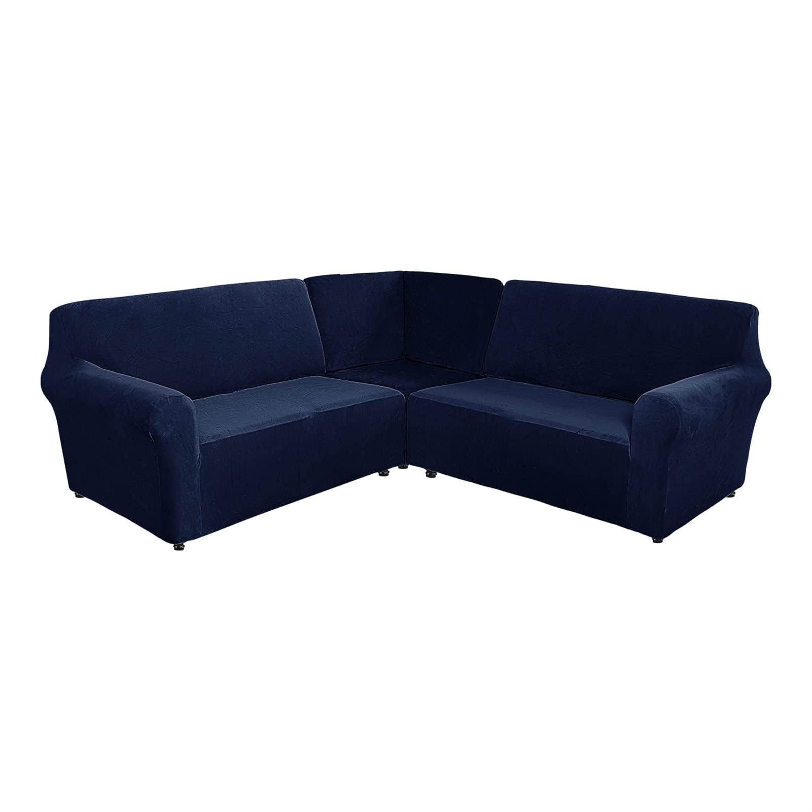 Housse de canapé d'angle en forme de L velours épais bleu marine 5 places