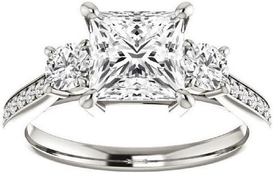 Solitaire Moissanite Engagement Ring Set 2 CT Princess Cut Bridal Wedding Ring Set for Women Birthday Gifts Her (925 Silver (White Gold Plated))