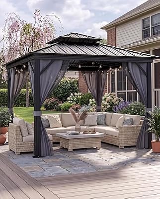 10 X10 ft Hardtop Gazebo, Galvanized Steel Double Roof with Curtains and Netting, Aluminum Frame Patio Gazebo for Patio, Garden and Lawn
