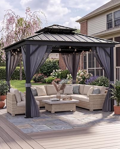 10 X10 ft Hardtop Gazebo Galvanized Steel Double Roof with Curtains and Netting Aluminum Frame Patio Gazebo for Patio Garden and Lawn