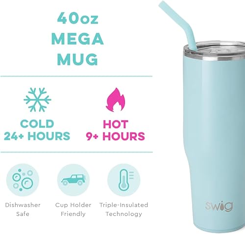 Miniatura 2 de Swig Life Aquamarine Mega Set, taza de viaje de 40 onzas con asa y tapa, vaso con triple aislamiento de 32 onzas con tapa, acero inoxidable, apto