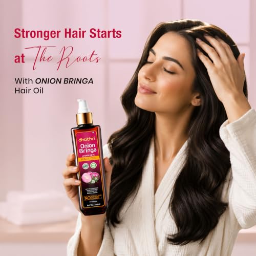 Image of Dhathri Onion Bringa Oil with Indian Aloe, Curry Leaf & Ashwagandha | Onion Hair Growth Oil for Thick & Healthy Hair | No Mineral Oils, SLS & Silicones | Ayurvedic Hair Oil | All Hair Types, 200ml