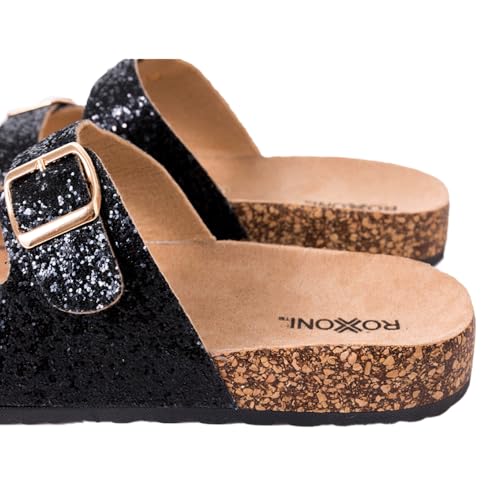 Roxoni Women's Party Gliters Comfort Flat Sandals Double Buckle Adjustable Straps Flat Slides Footbed Suede3