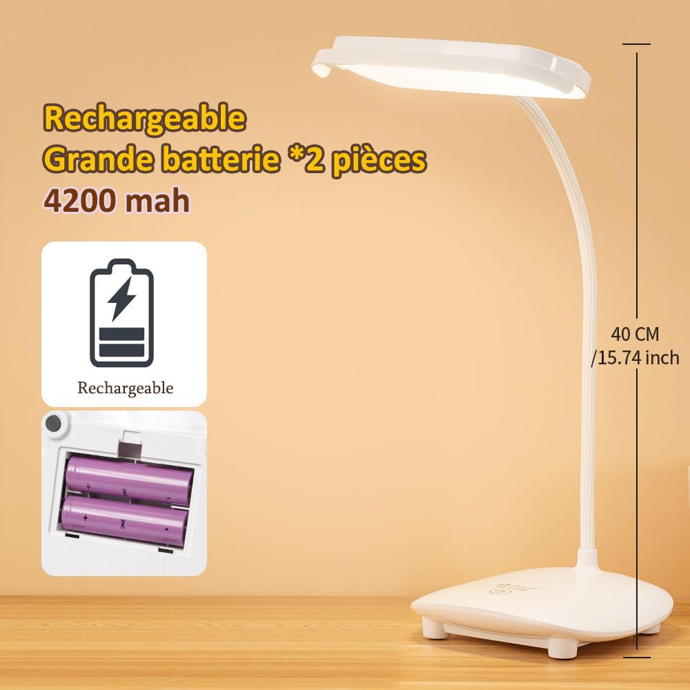 Lampe de Bureau Sans fil Rechargeable USB 40 LED 2 piles le total 2400mah, Tactile 3 Couleurs 6 Mode Dimmable, Fonction de Mémoire, Lampe Table Lecture Enfant Chambre Chevet