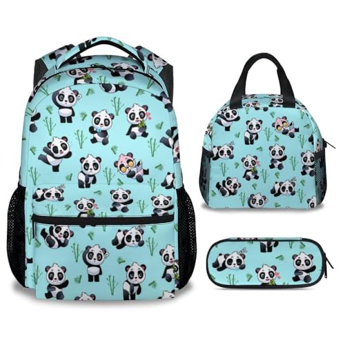 Panda Backpack with Lunch Box - Set of 3 School Backpacks Matching Combo - Funny Green Bookbag and Pencil Case Bundle