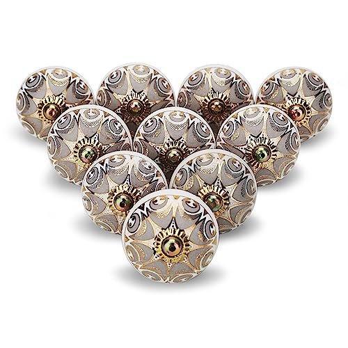 FURNISHFUL FINESSE Kitchen Cabinet Knobs Boho Dressing Drawer Pull Handle Grey Ceramic Cupborad Knob for Farmhouse Furniture Décor Hardware Golden Wardrobe Door Pulls - Pack of 06, Grey & Gold by FURNISHFUL FINESSE - Used condition - US$12.99