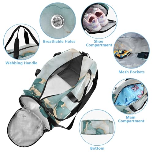 Kids Sports Duffel Bag for Boys & Girls - Swirling Marbling Teal Texture 100% Polyester Gym Bag with Separate Shoe Compartment, Adjustable Shoulder Strap, Compact Travel & Workout Gear Bag4