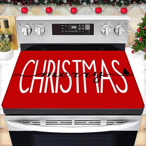 Image of Happy Christmas Stove Top Cover for Electric Stove 28 inchx 20 inch, Xmas Heat Resistant Glass Top Stove Cover Protector, Glass Cooktop Covers, Kitchen Flat Electric Stove Top Covers