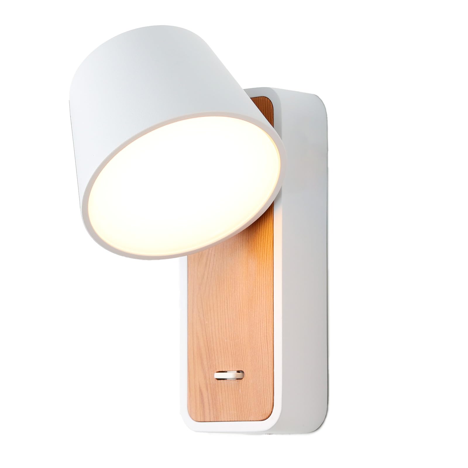Aplique de Pared con Interruptor – Luz LED 6W 2700K Orientable – Foco Blanco Giratorio 350° – Base de Metal con Pintura Imitación Madera – Estilo Nórdico para Cabecera, Dormitorio o Pasillo