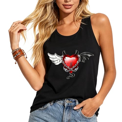 Image of Eigso Women Gothic Love Heart Graphic Tank Top Vintage Angel Wing Pattern Sleeveless Vest for Woman