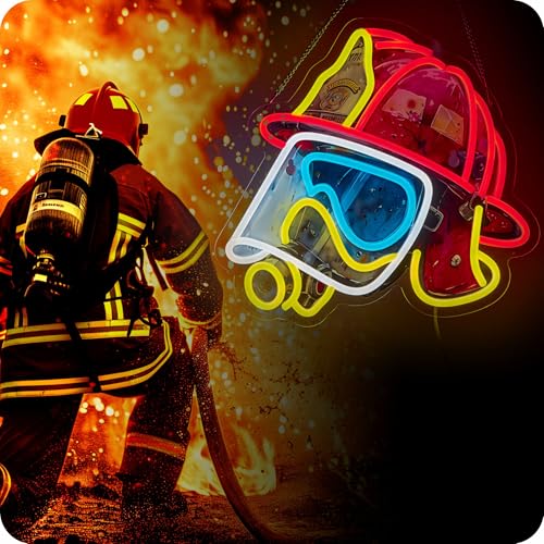 Image of Firefighting Helmet Neon Sign, Fireman Fire Fighter Pop Art LED Light USB Powered Dimmable for Hero Wall Decor Man Cave Gift (13.5 X 12.5 In)