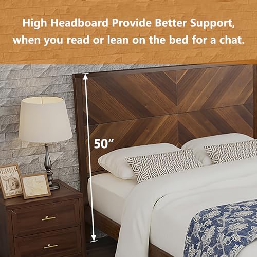 Dolonm King Bed Frame, Mid-Century Modern Platform Bed With 50 Inch High Headboard, Under Bed Storage, Wooden Bed Frame With Slat Support, No Box Spring Needed, Walnut thumb #2