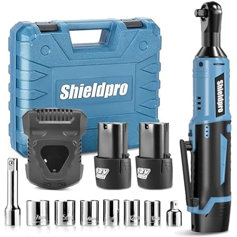 SHIELDPRO Cordless Electric Ratchet Wrench Kit,40Ft-lb 3/8" Power Ratchet Wrench 1-Hour Fast Charge,2 Packs 2000MA Lithium-Lon Battery,1/4 Adaptor,Extension Bar Cover