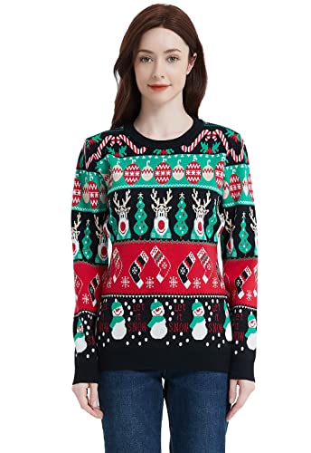 AVACOO Jersey de punto para mujer, diseño de reno navideño, divertida sudadera de manga larga, cómoda, muñeco de nieve, 2 negro., M Cover